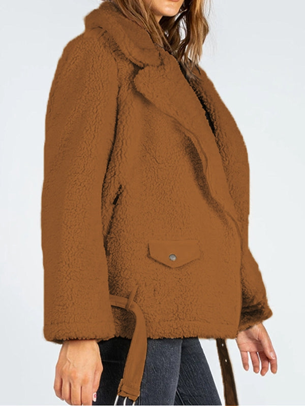 Zip-Up Belted Sherpa Jacket - 3 colors