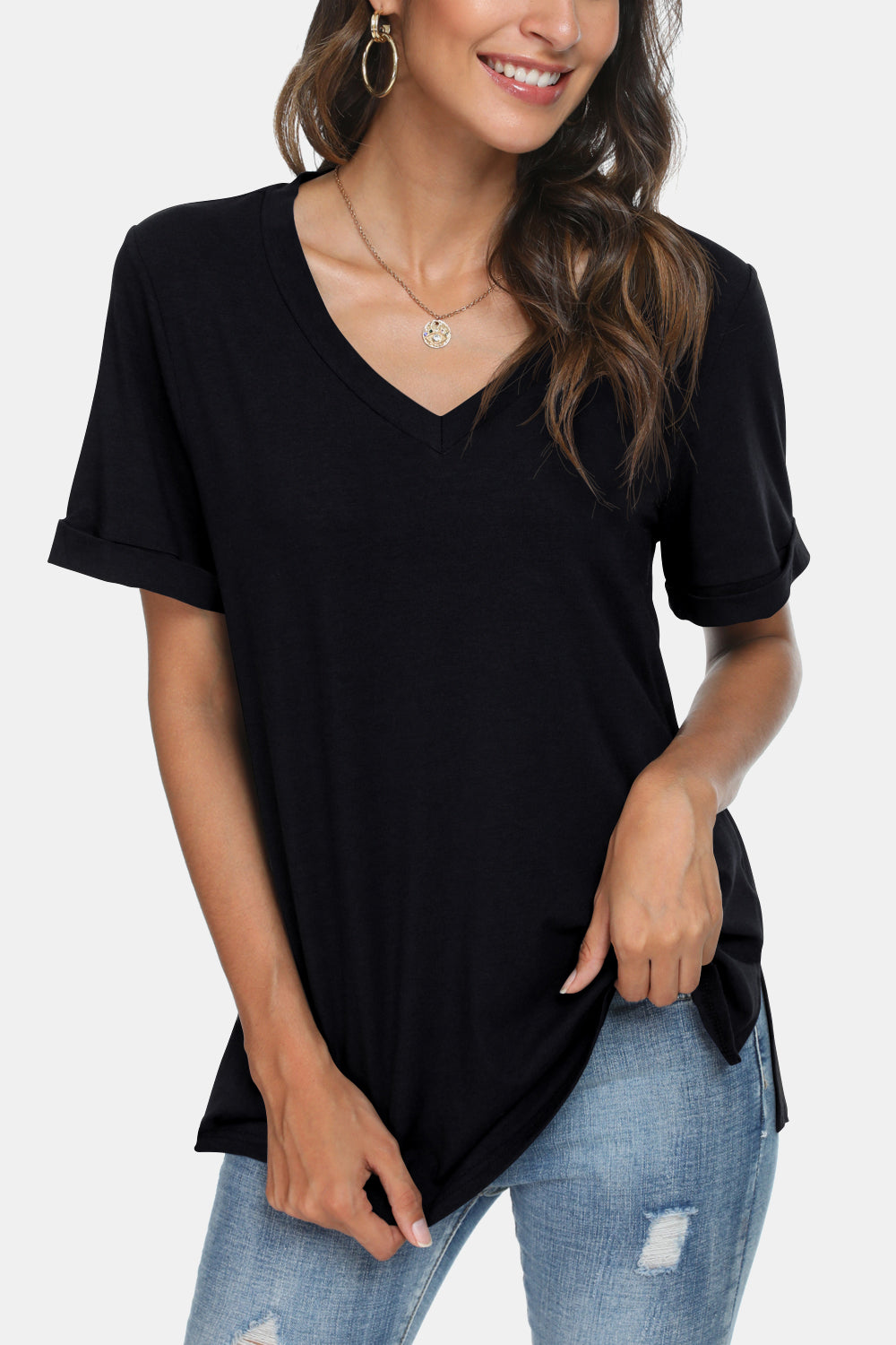 V-Neck Short Sleeve Slit T-Shirt - 5 colors