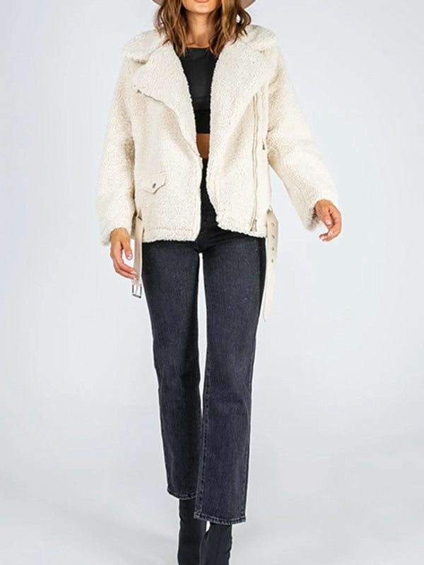 Zip-Up Belted Sherpa Jacket - 3 colors