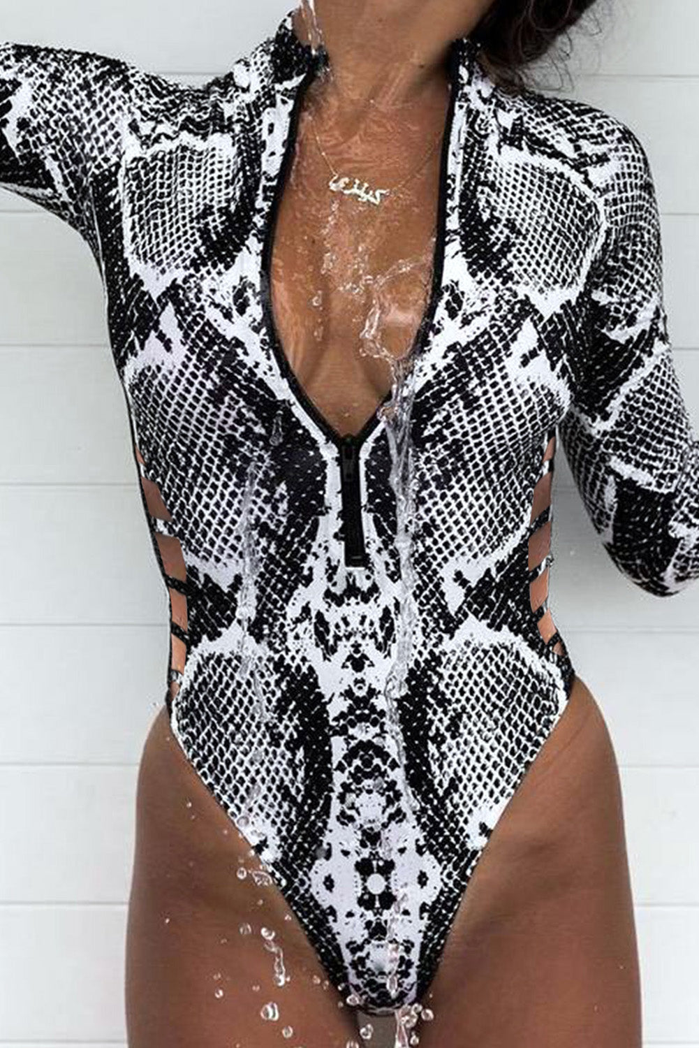 Animal Print Zipper Cut-Out Wetsuit - 3 Colors