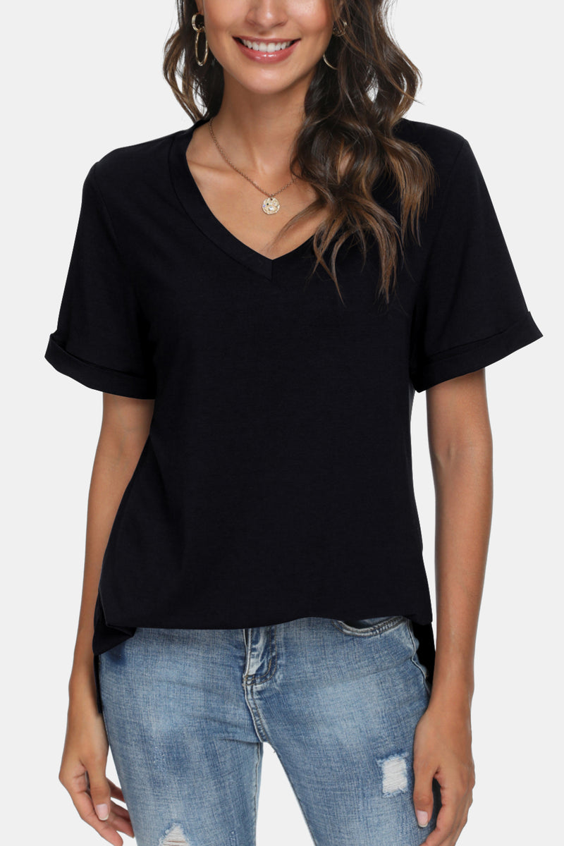 V-Neck Short Sleeve Slit T-Shirt - 5 colors