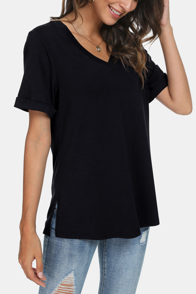 V-Neck Short Sleeve Slit T-Shirt - 5 colors