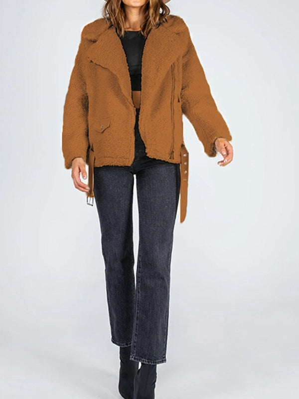 Zip-Up Belted Sherpa Jacket - 3 colors