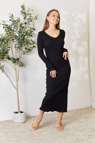 Ribbed Long Sleeve Midi Slit Dress