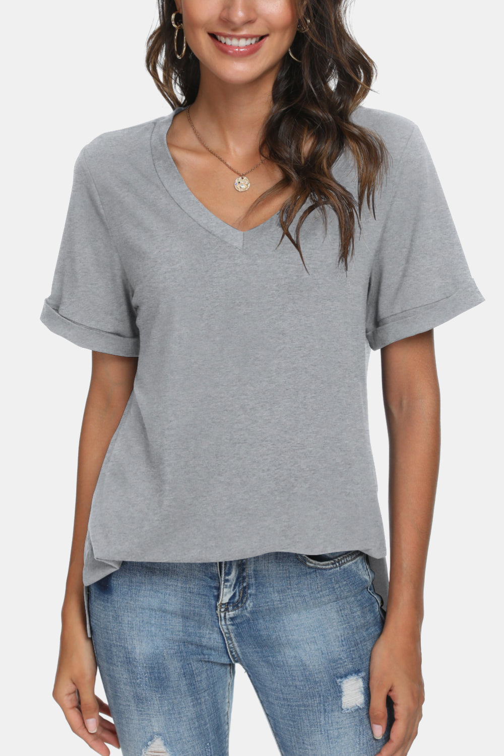 V-Neck Short Sleeve Slit T-Shirt - 5 colors