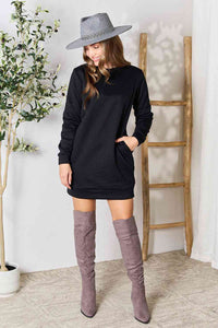 Round Neck Long Sleeve Mini Dress with Pockets