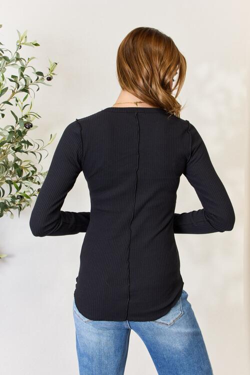 Ribbed Round Neck Long Sleeve Top