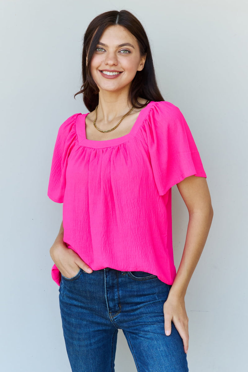 Keep Me Close Square Neck Short Sleeve Blouse in Fuchsia