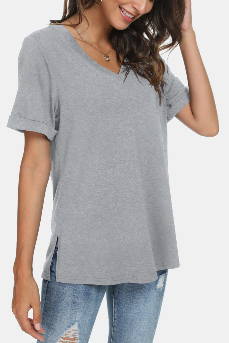 V-Neck Short Sleeve Slit T-Shirt - 5 colors