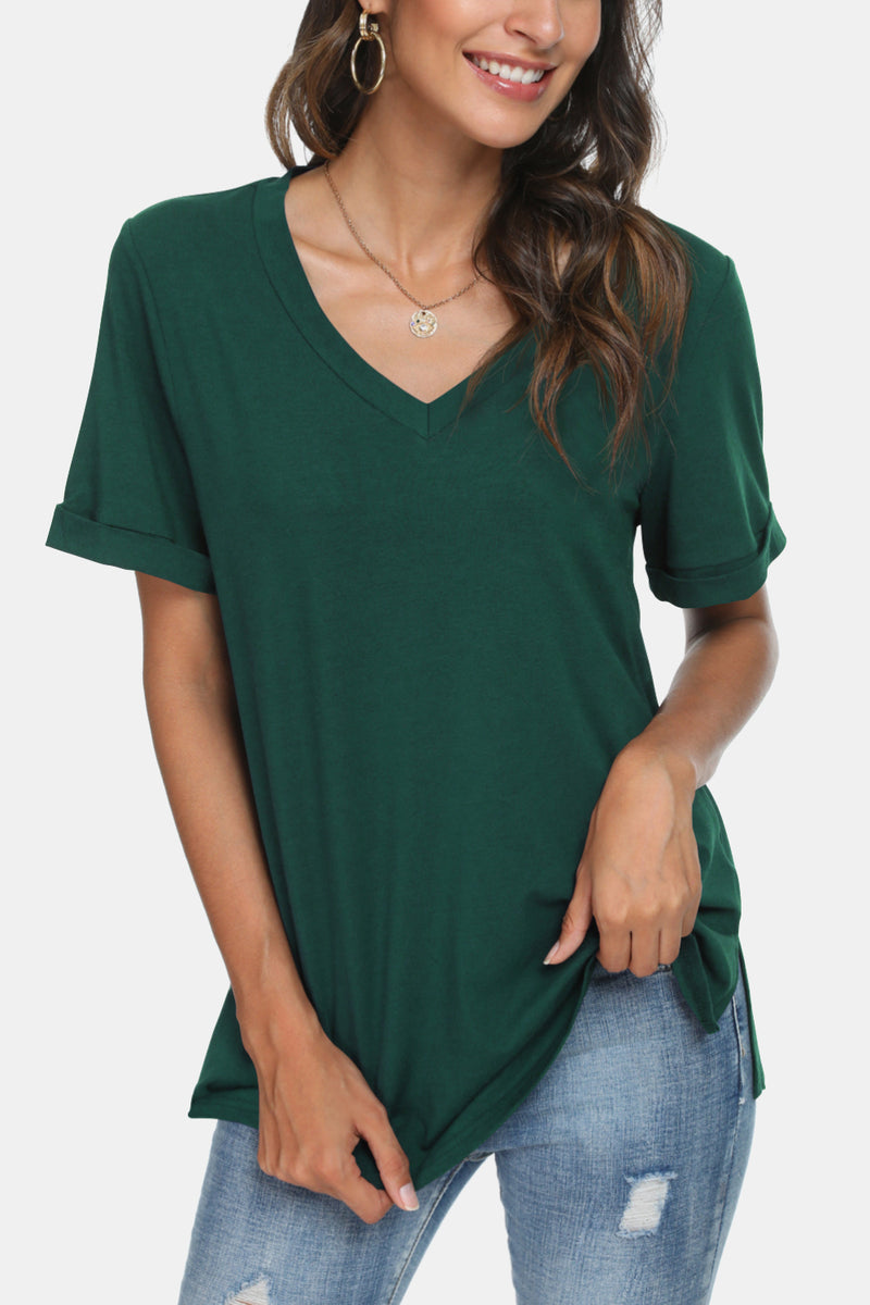 V-Neck Short Sleeve Slit T-Shirt - 5 colors