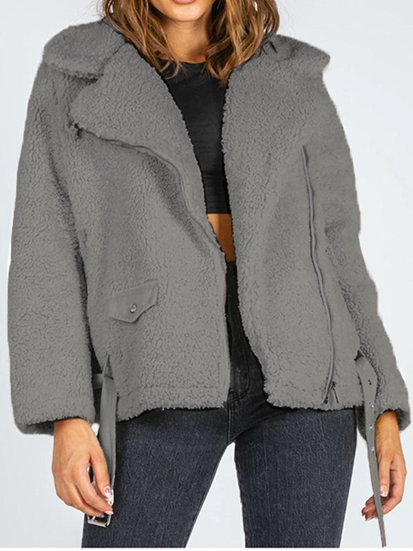 Zip-Up Belted Sherpa Jacket - 3 colors